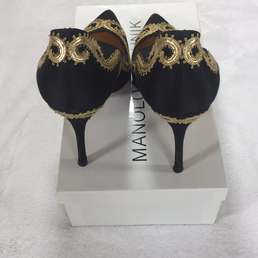 Manolo Blahnik black high heels stilettos beautiful intricate gold trim - Picture 6 of 8